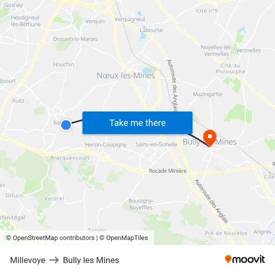 Millevoye to Bully les Mines map