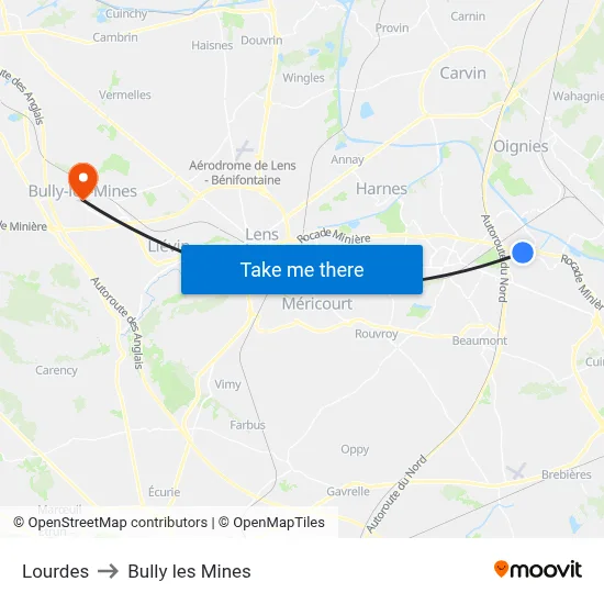 Lourdes to Bully les Mines map