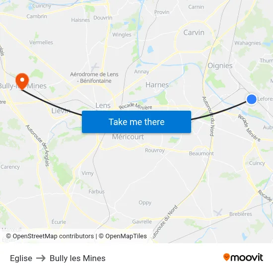 Eglise to Bully les Mines map