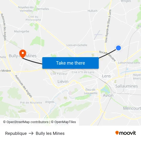 Republique to Bully les Mines map