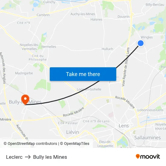 Leclerc to Bully les Mines map