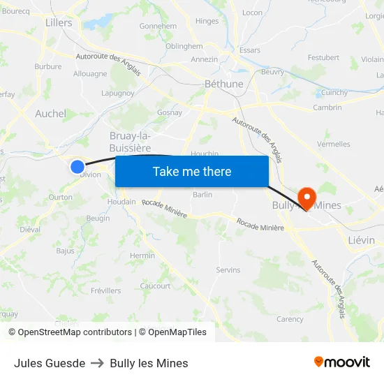 Jules Guesde to Bully les Mines map