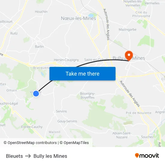 Bleuets to Bully les Mines map