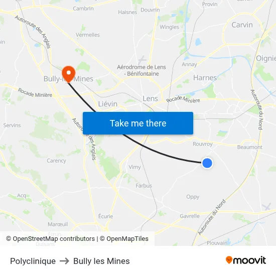 Polyclinique to Bully les Mines map
