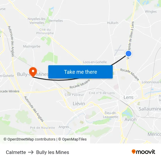 Calmette to Bully les Mines map