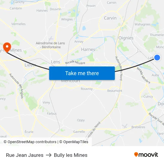 Rue Jean Jaures to Bully les Mines map