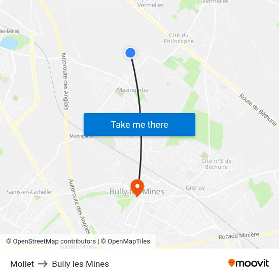 Mollet to Bully les Mines map