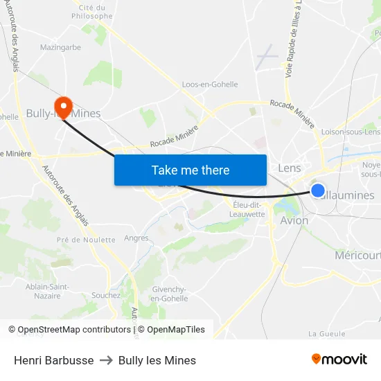 Henri Barbusse to Bully les Mines map