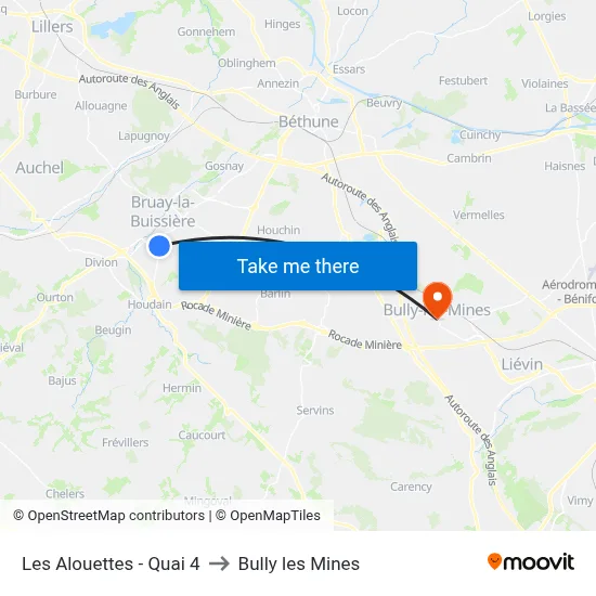 Les Alouettes - Quai 4 to Bully les Mines map