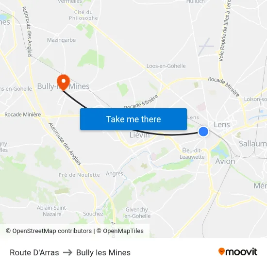 Route D'Arras to Bully les Mines map