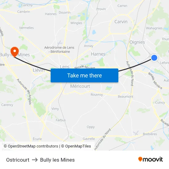 Ostricourt to Bully les Mines map