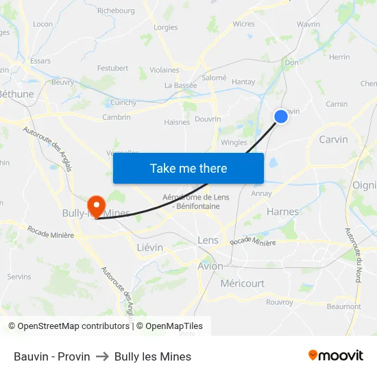 Bauvin - Provin to Bully les Mines map