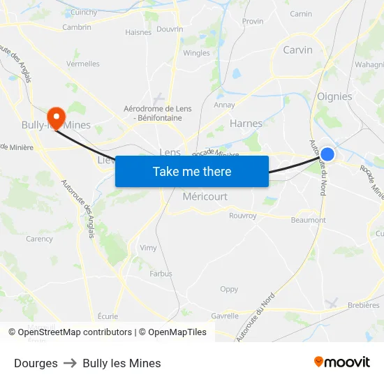 Dourges to Bully les Mines map