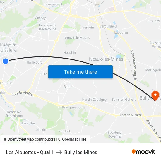 Les Alouettes - Quai 1 to Bully les Mines map