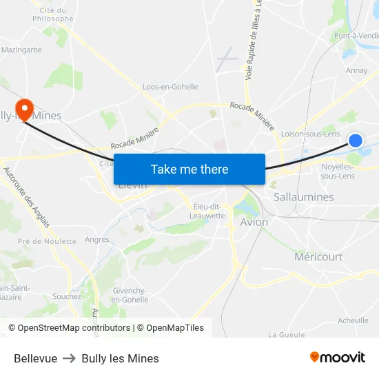 Bellevue to Bully les Mines map