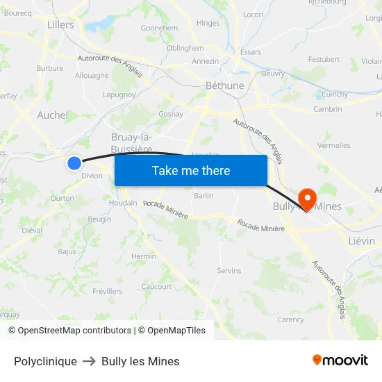 Polyclinique to Bully les Mines map