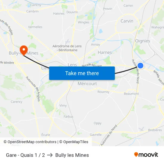 Gare - Quais 1 / 2 to Bully les Mines map
