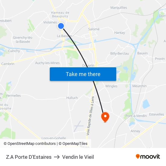 Z.A Porte D'Estaires to Vendin le Vieil map