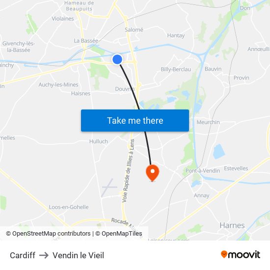 Cardiff to Vendin le Vieil map