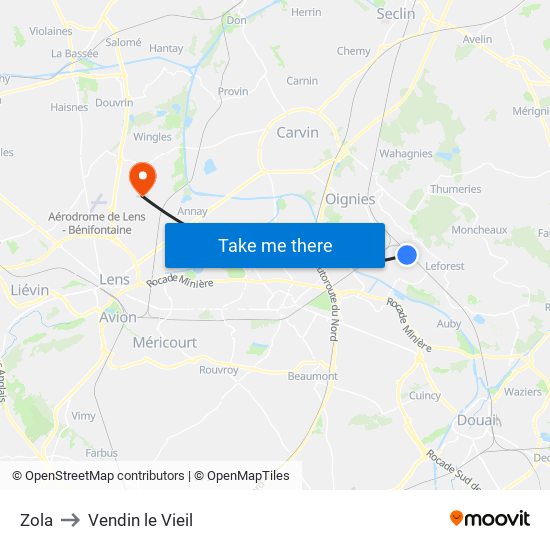 Zola to Vendin le Vieil map