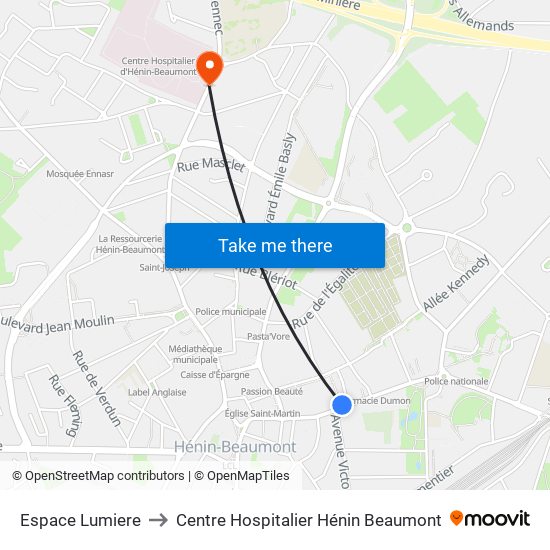 Espace Lumiere to Centre Hospitalier Hénin Beaumont map