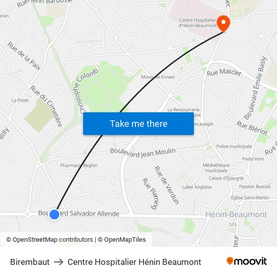 Birembaut to Centre Hospitalier Hénin Beaumont map