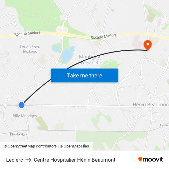 Leclerc to Centre Hospitalier Hénin Beaumont map
