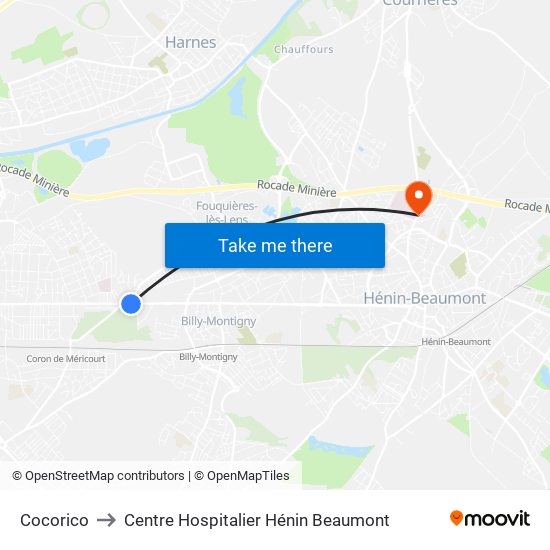 Cocorico to Centre Hospitalier Hénin Beaumont map