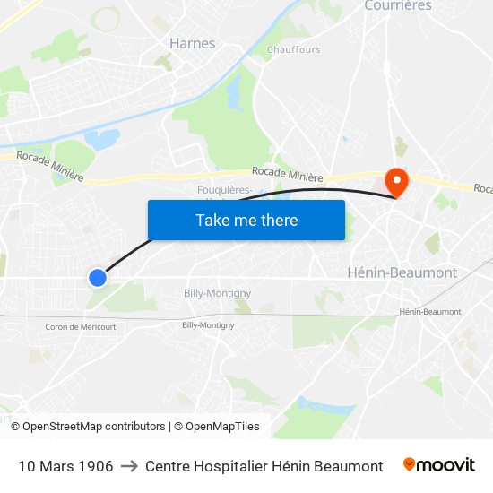 10 Mars 1906 to Centre Hospitalier Hénin Beaumont map