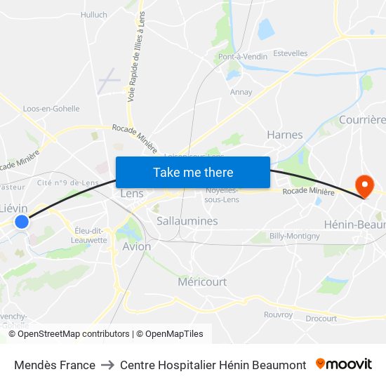 Mendès France to Centre Hospitalier Hénin Beaumont map