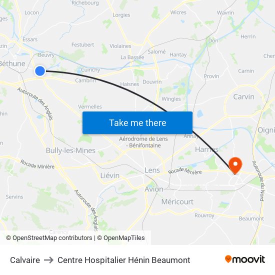 Calvaire to Centre Hospitalier Hénin Beaumont map