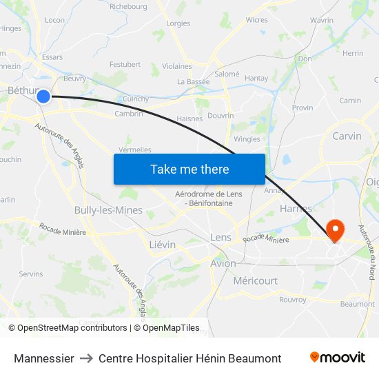 Mannessier to Centre Hospitalier Hénin Beaumont map