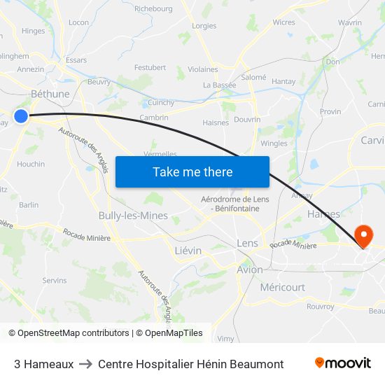 3 Hameaux to Centre Hospitalier Hénin Beaumont map