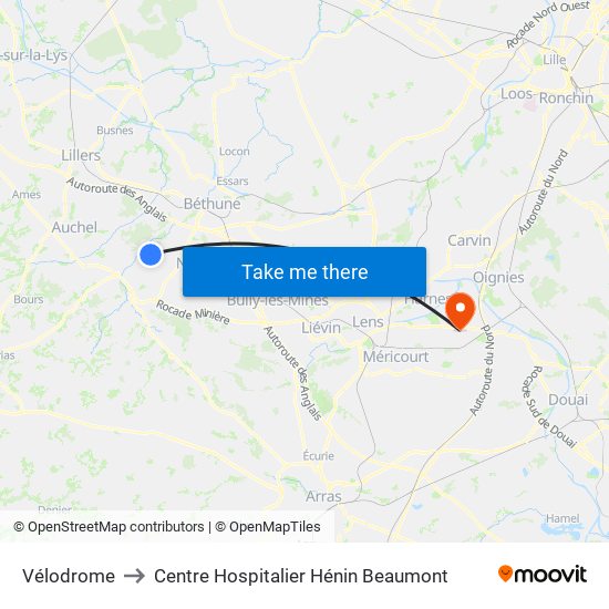 Vélodrome to Centre Hospitalier Hénin Beaumont map