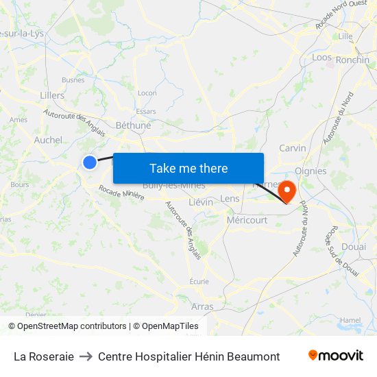 La Roseraie to Centre Hospitalier Hénin Beaumont map