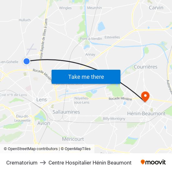 Crematorium to Centre Hospitalier Hénin Beaumont map