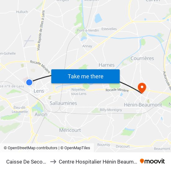 Caisse De Secours to Centre Hospitalier Hénin Beaumont map