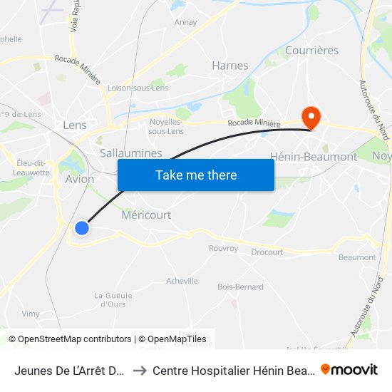Jeunes De L’Arrêt De Bus to Centre Hospitalier Hénin Beaumont map