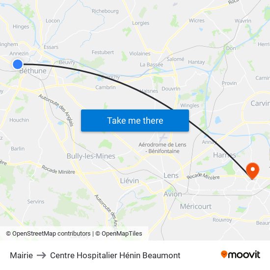Mairie to Centre Hospitalier Hénin Beaumont map