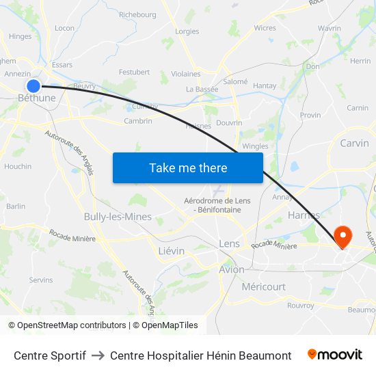 Centre Sportif to Centre Hospitalier Hénin Beaumont map