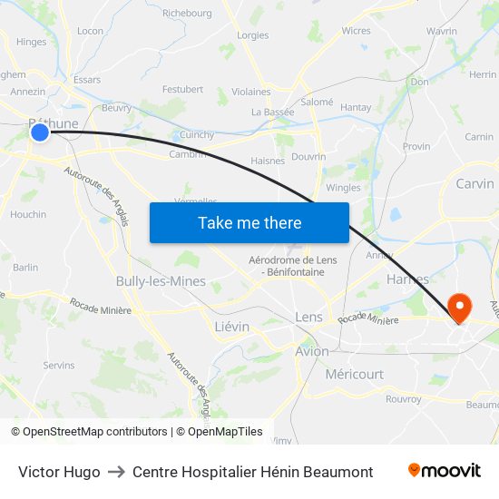 Victor Hugo to Centre Hospitalier Hénin Beaumont map