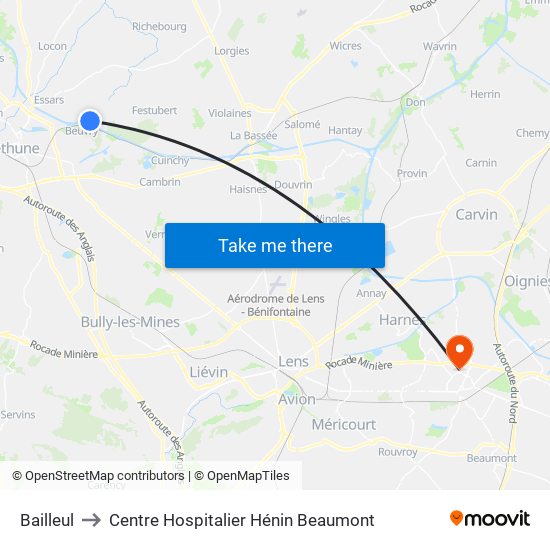 Bailleul to Centre Hospitalier Hénin Beaumont map