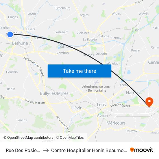 Rue Des Rosiers to Centre Hospitalier Hénin Beaumont map