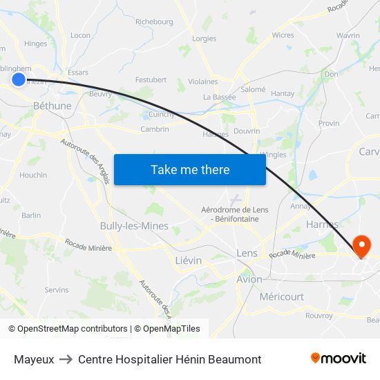 Mayeux to Centre Hospitalier Hénin Beaumont map