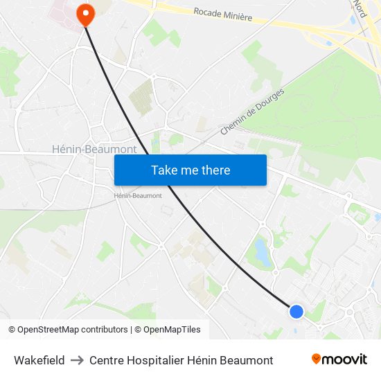 Wakefield to Centre Hospitalier Hénin Beaumont map