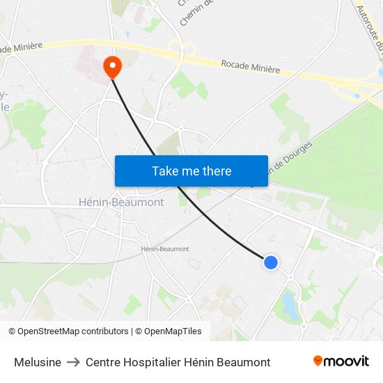 Melusine to Centre Hospitalier Hénin Beaumont map