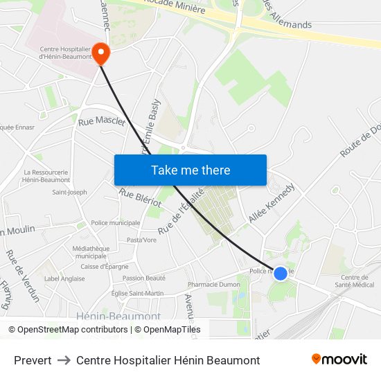 Prevert to Centre Hospitalier Hénin Beaumont map