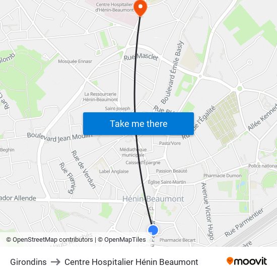 Girondins to Centre Hospitalier Hénin Beaumont map