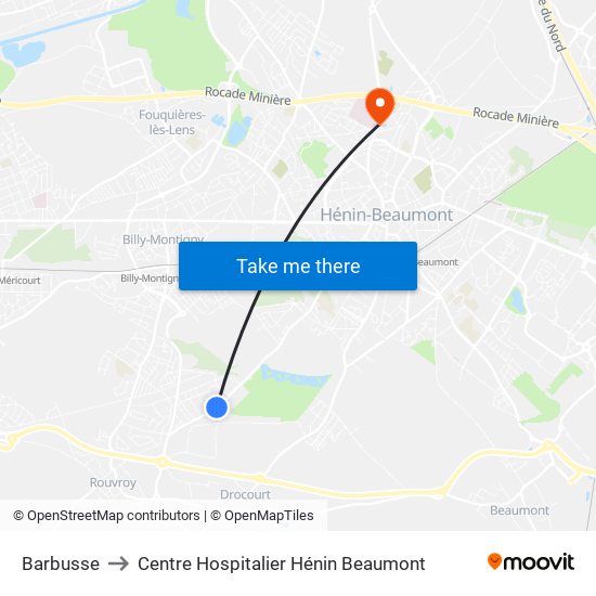 Barbusse to Centre Hospitalier Hénin Beaumont map