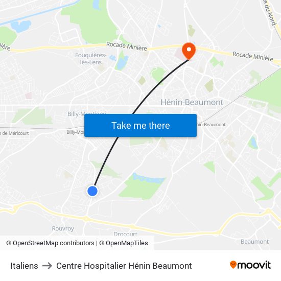 Italiens to Centre Hospitalier Hénin Beaumont map